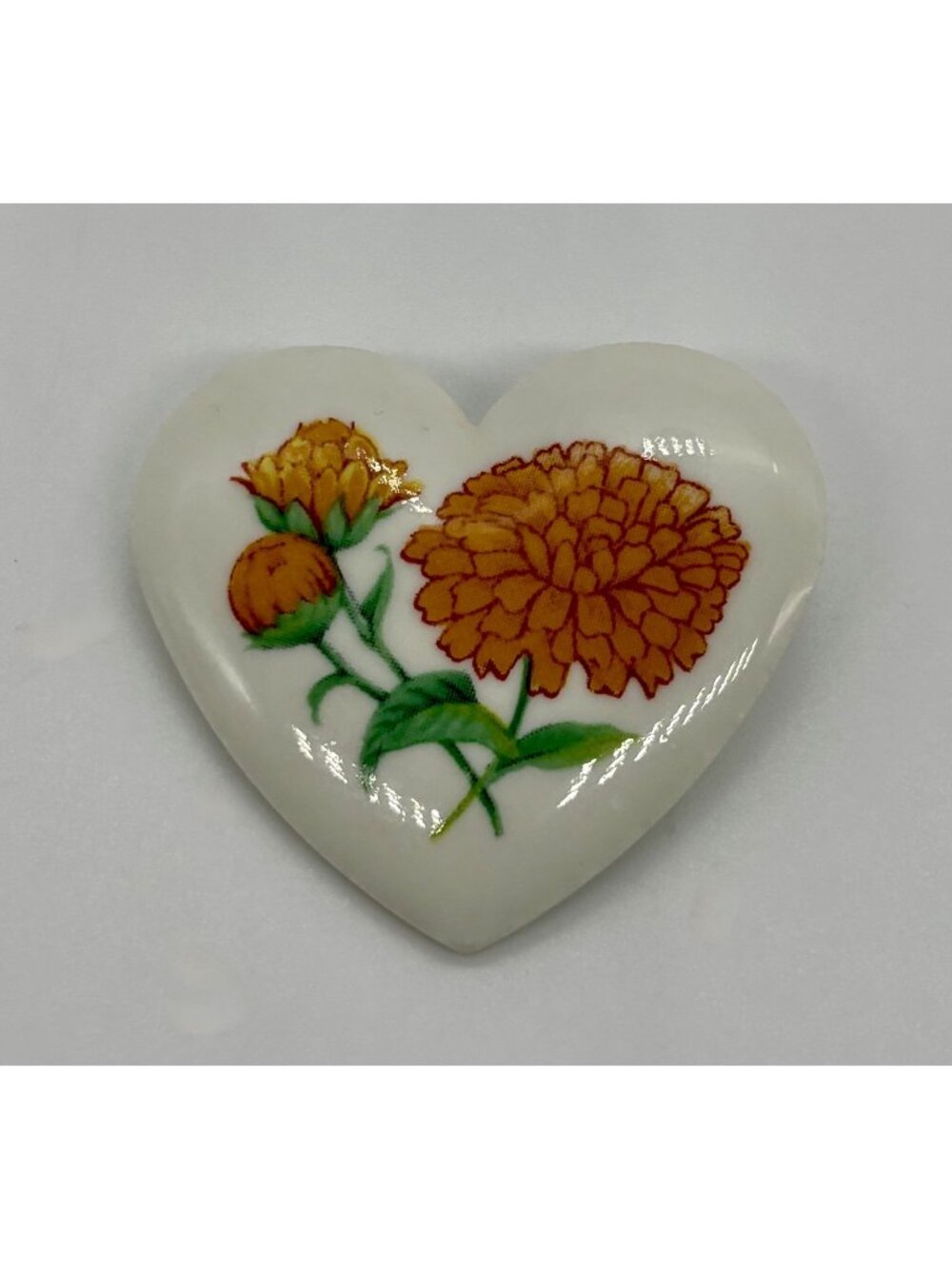 Vintage Avon Birthday Bouquet October Porcelain Heart Brooch Marigolds Signed
